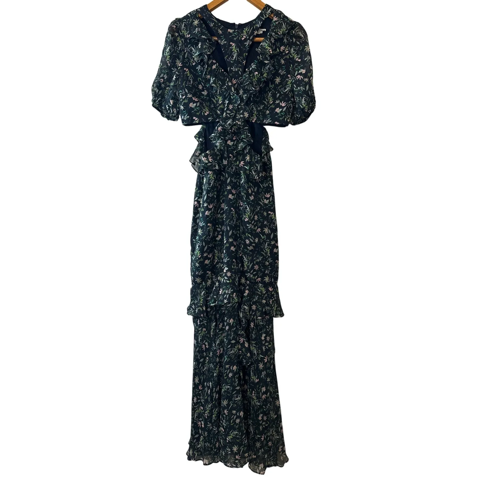 AMUR Carter Silk Blue Floral Cutout Ruffle Maxi Gown Size 8 - Image 2