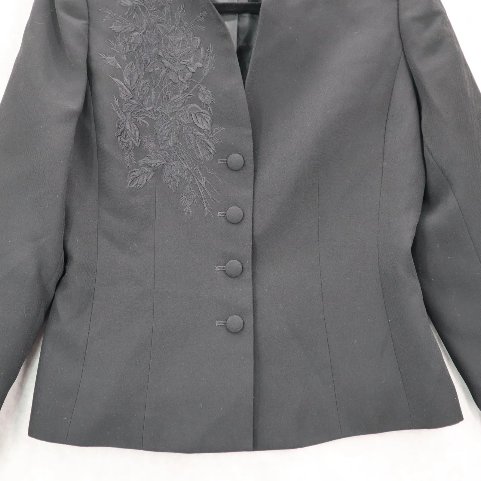 Kasper Black Embroidered Floral Mandarin Blazers Jackets Coats Business Formal 6 - Image 4