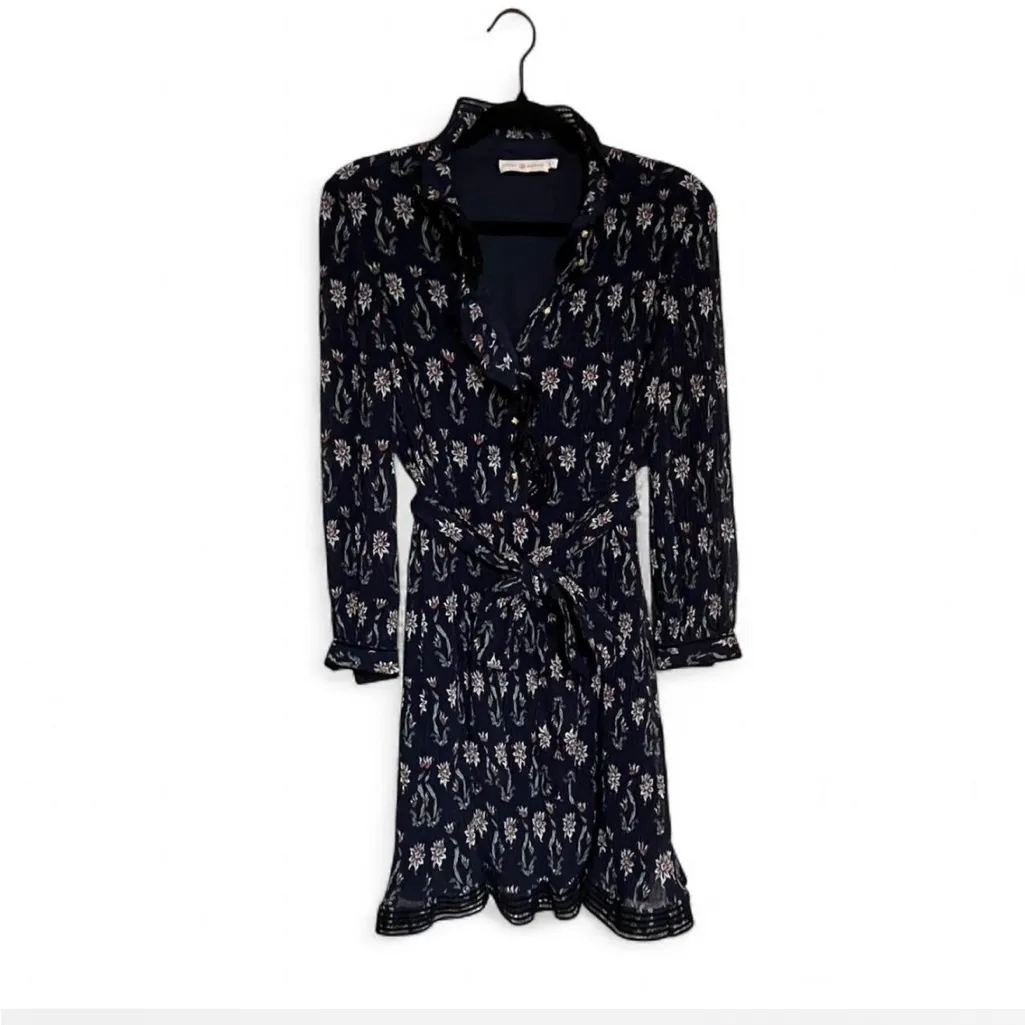 Tory Burch dress in navy floral tie belt gold buttons M - Image 2