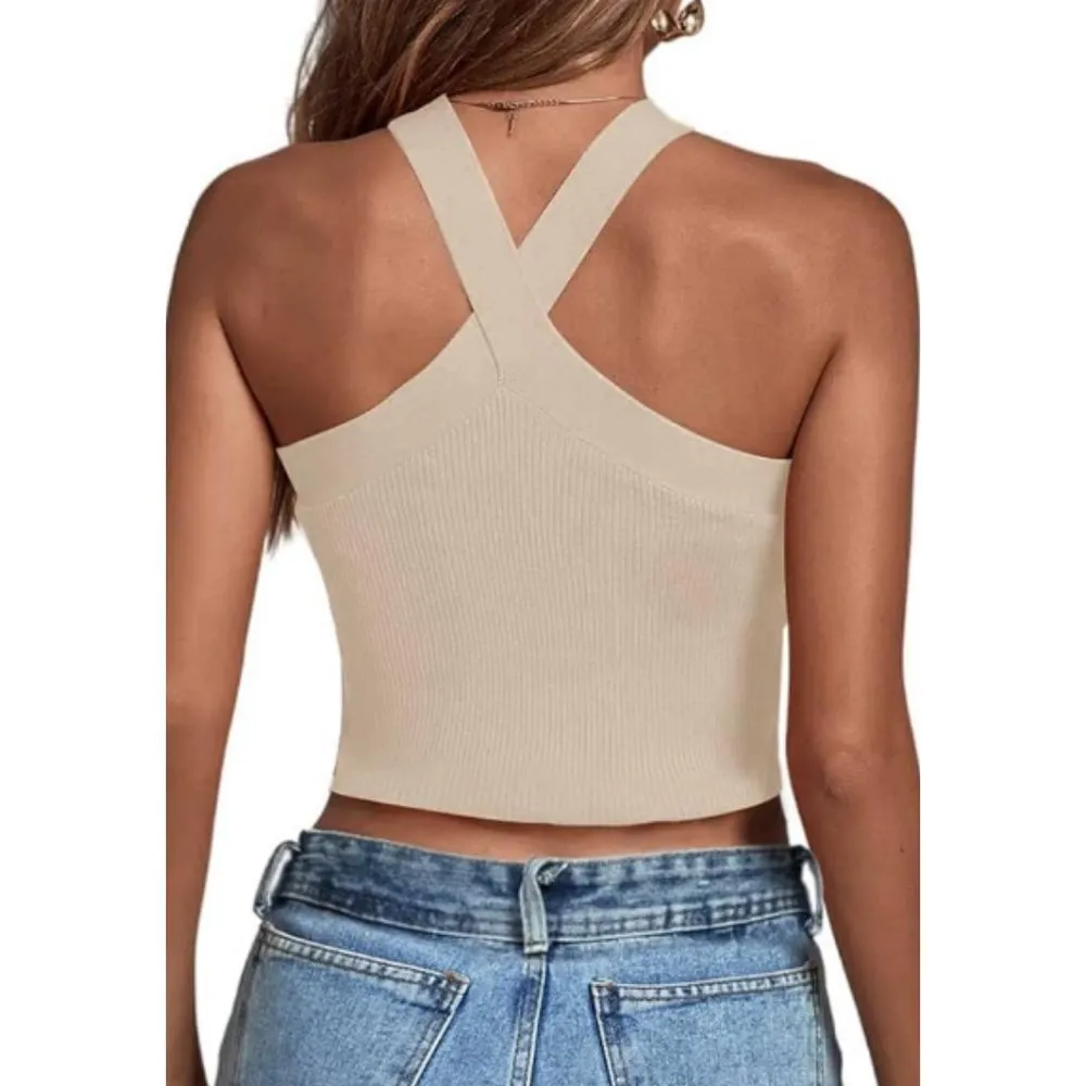 Halogen Women's Cropped Halter Ribbed Knit Tank Size‎ XL Beige Sleeveless NEW - Image 2