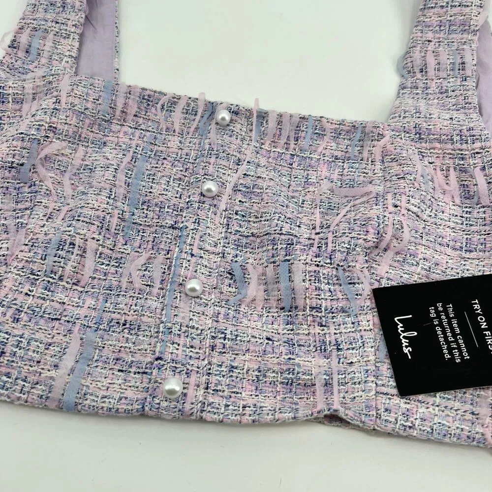 NEW Lulu’s Tweed Between the Lines Lavender purple square neck cropped top large - Image 8