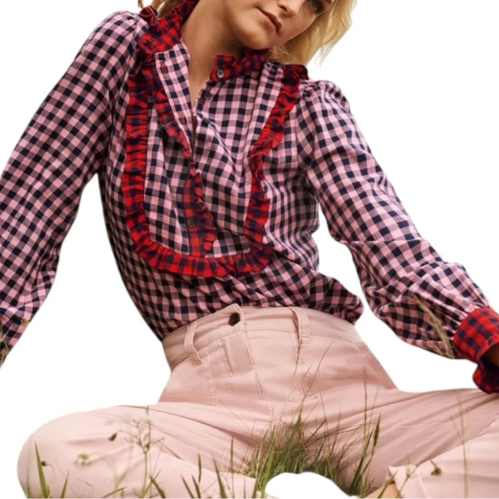 Boden Women’s Size 2 Red Pink Checkered Cotton Isla Frill Detail Blouse Shirt - Image 8