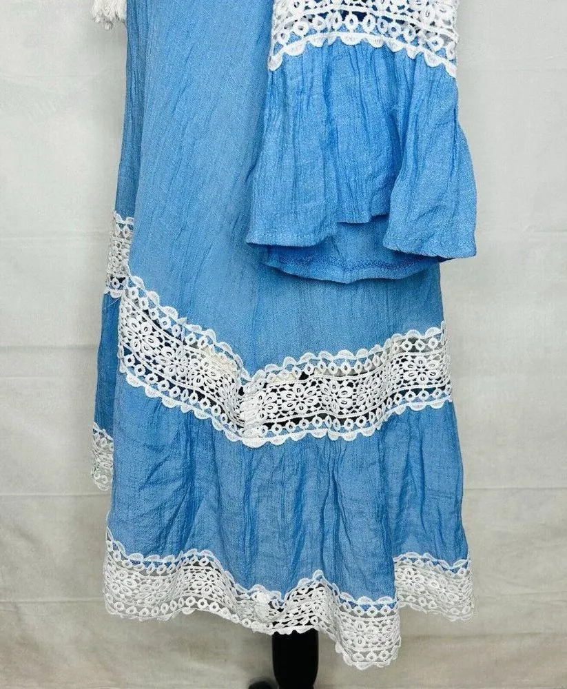 Swimsuit Coverup Dress Women One Size Blue White Crochet Lace Trim Boho Peasant - Image 8