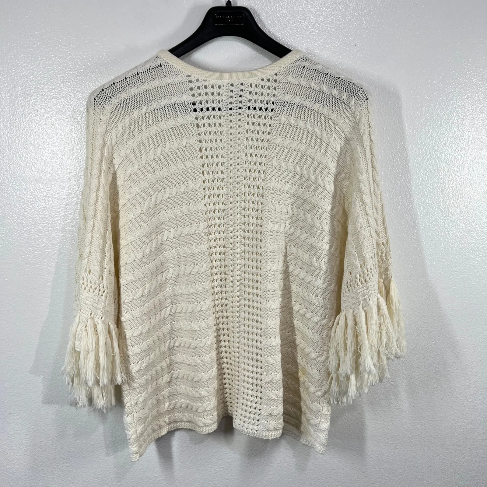 Cabi Cream Knit V Neck‎ Fringe Sleeve Sweater Women's Size M - Image 3