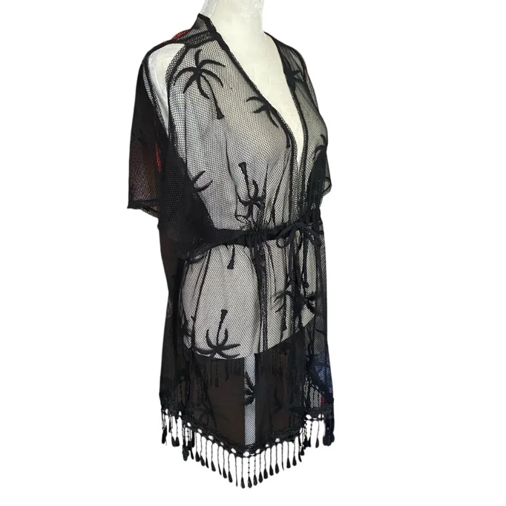 Miken Swim womens S mesh black short sleeve tasseled palm tree swimsuit cover - Image 3