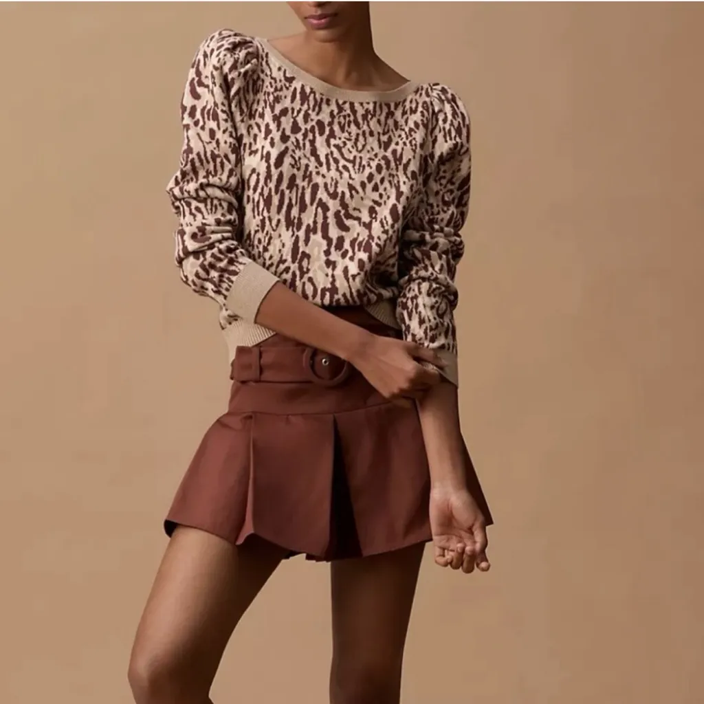 Anthropologie Maeve Knit Leopard Print Sweater XL Puff Sleeve Soft Chic Neutral - Image 2