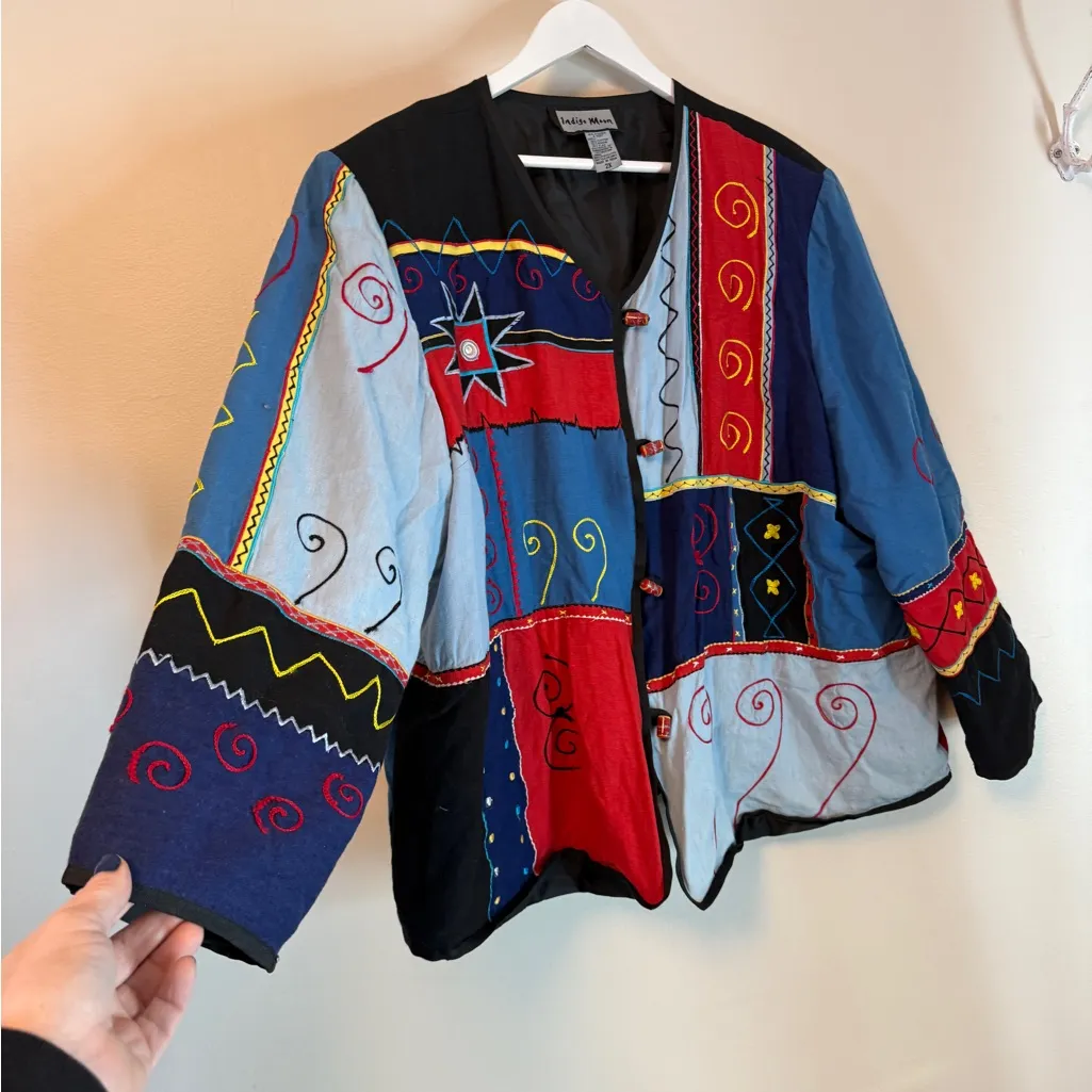 INDIGO MOON Patchwork Embroidered Blazer Jacket Aztec Boho 2X Vintage Red - Image 4