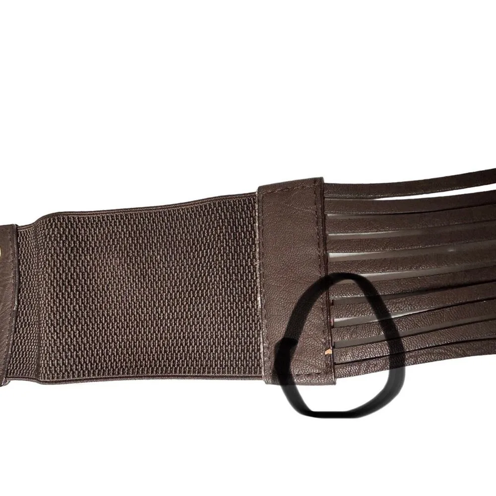 Vintage ANGIE Wide Brown Beaded Faux Leather Elastic Stretch Snap Closure Belt - Image 5