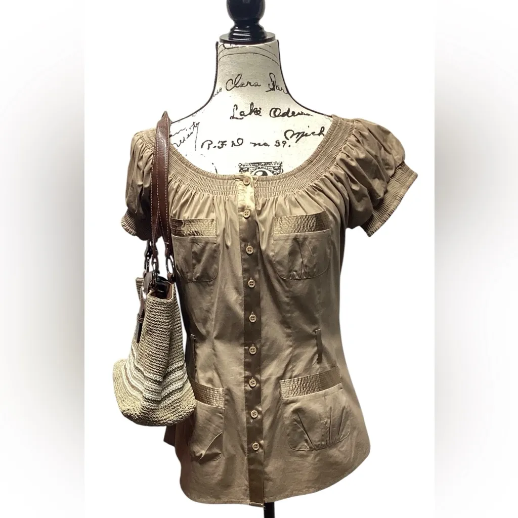 BCBGMAXAZRIA satin trim blouse. Dark tan/brown. Medium - Image 8