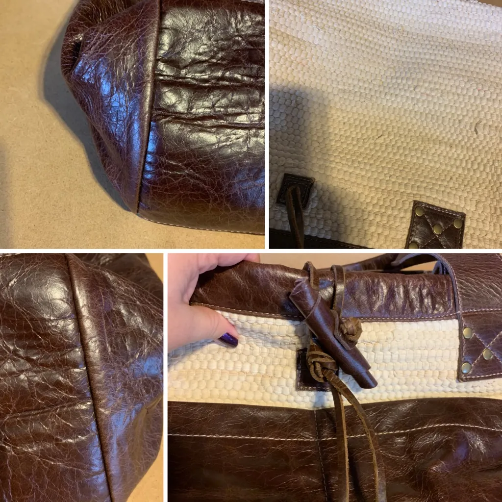 THREADS OF EVOLUTION "WANDERLUST" WEEKENDER BAG CREAM CHINDI RUG & BROWN LEATHER - Image 12