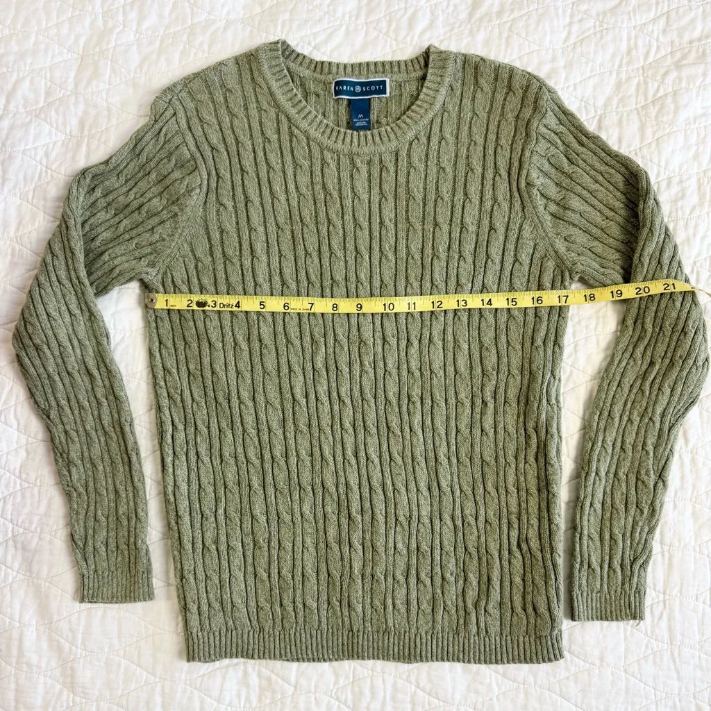 Karen Scott Cable Knit Sweater Womens M Preppy Academia Crewneck Classic Green - Image 7