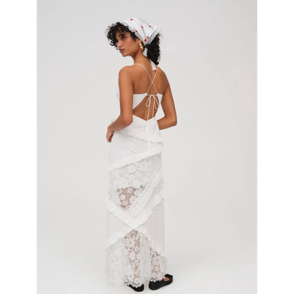 For Love And Lemons Rosalyn Maxi Dress White Sheer Eyelet Asymmetrical Patchwork Size XS - Image 2
