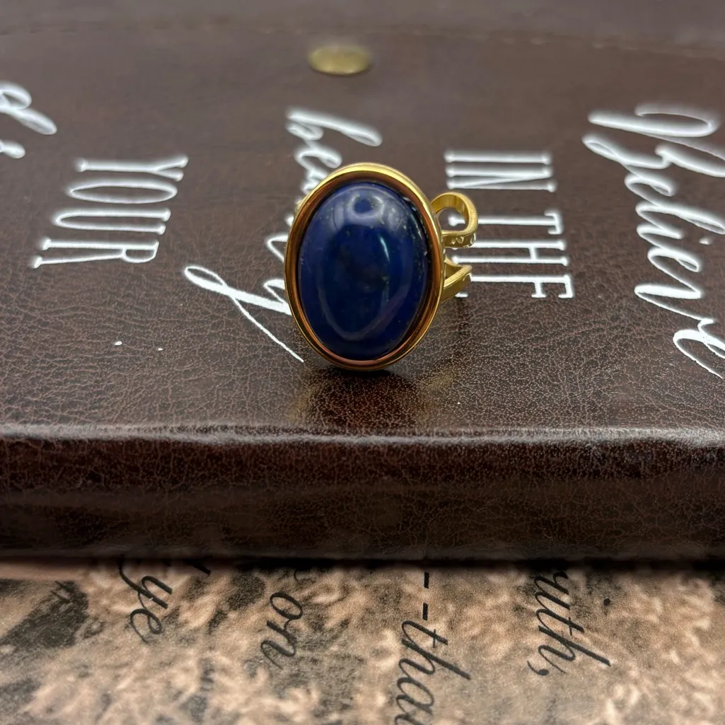 Blue Lapis Gemstone Ring • Gold Adjustable • Handmade Boho Vintage Style - Image 10