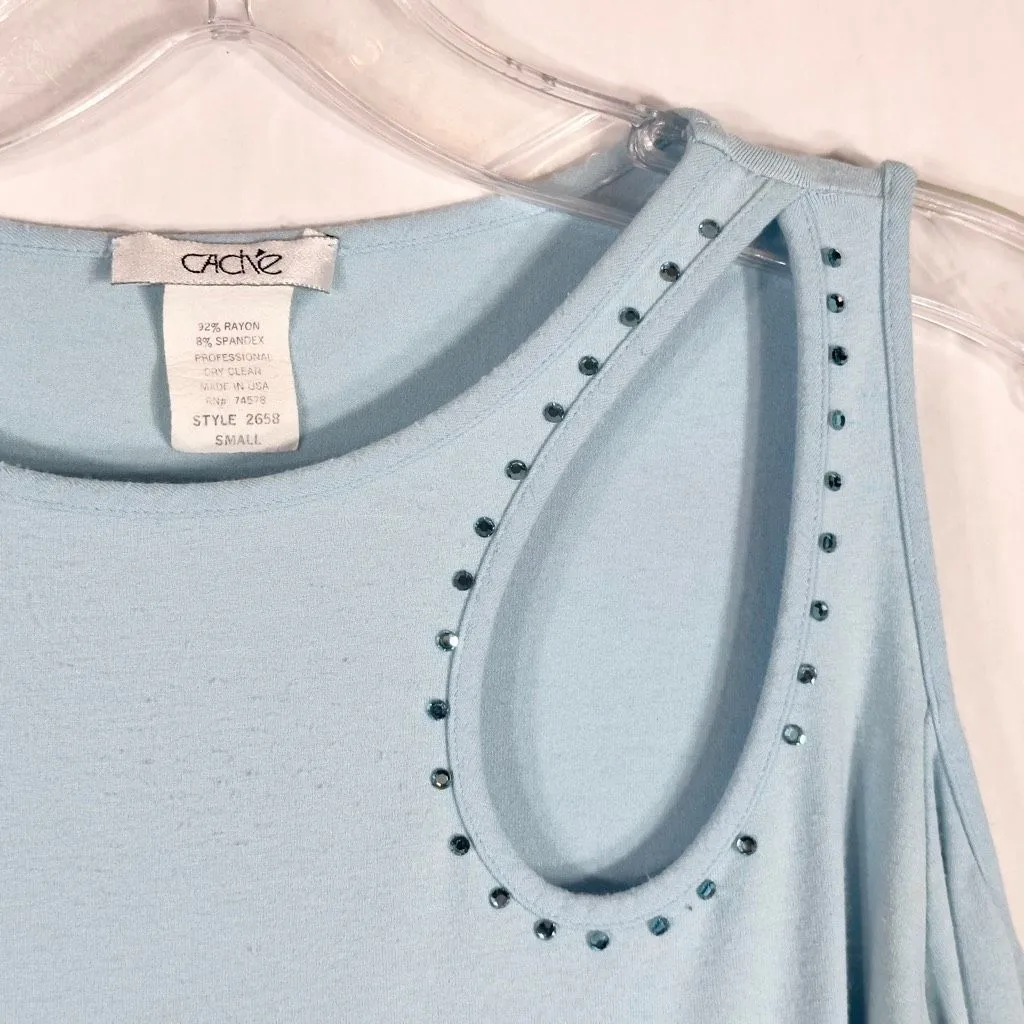 Cache Small‎ Top Knit Light Baby Blue Rhinestones Cut Out Cold Shoulder Y2K 1348 - Image 8