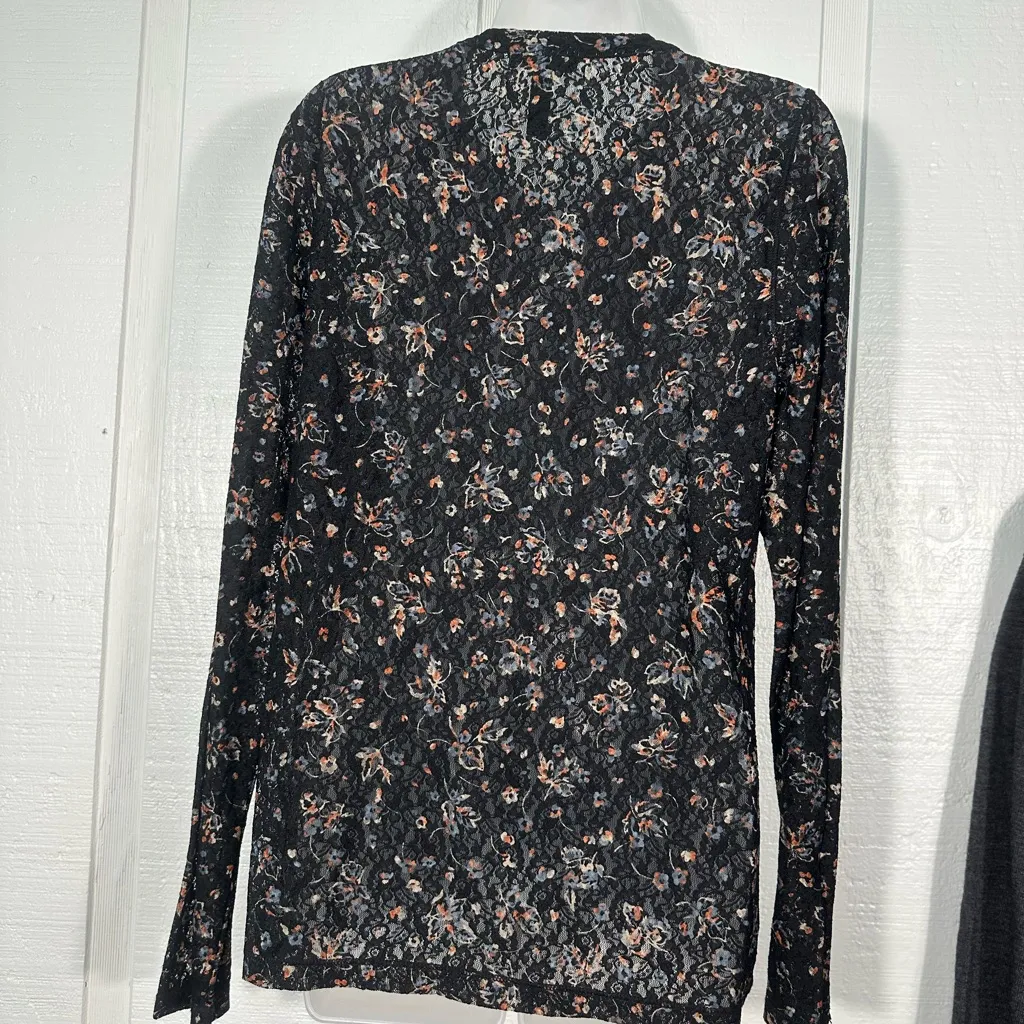 LRL Lauren Jeans Co. Black Floral Ruffle  Long Sleeve Blouse Size Large EUC - Image 5