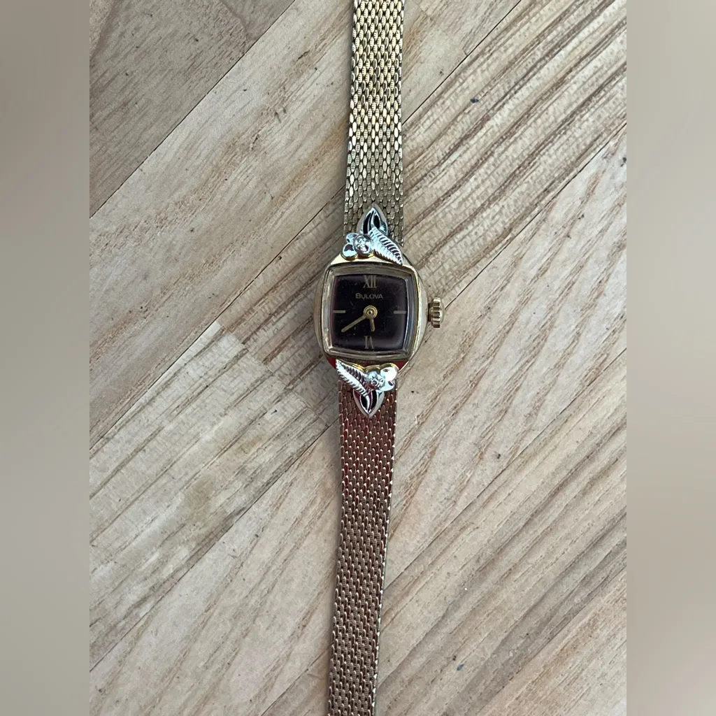 Bulova Diamond Ladies Vintage Watch Gold Plated Case Strap Burgundy Dial Works! - Image 2