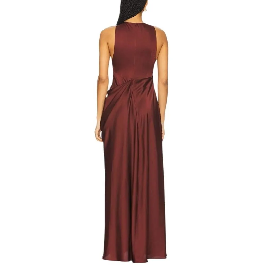 Ceren Ocak Satin Dress in Burgundy Small New Womens Long Maxi Gown Brown - Image 2