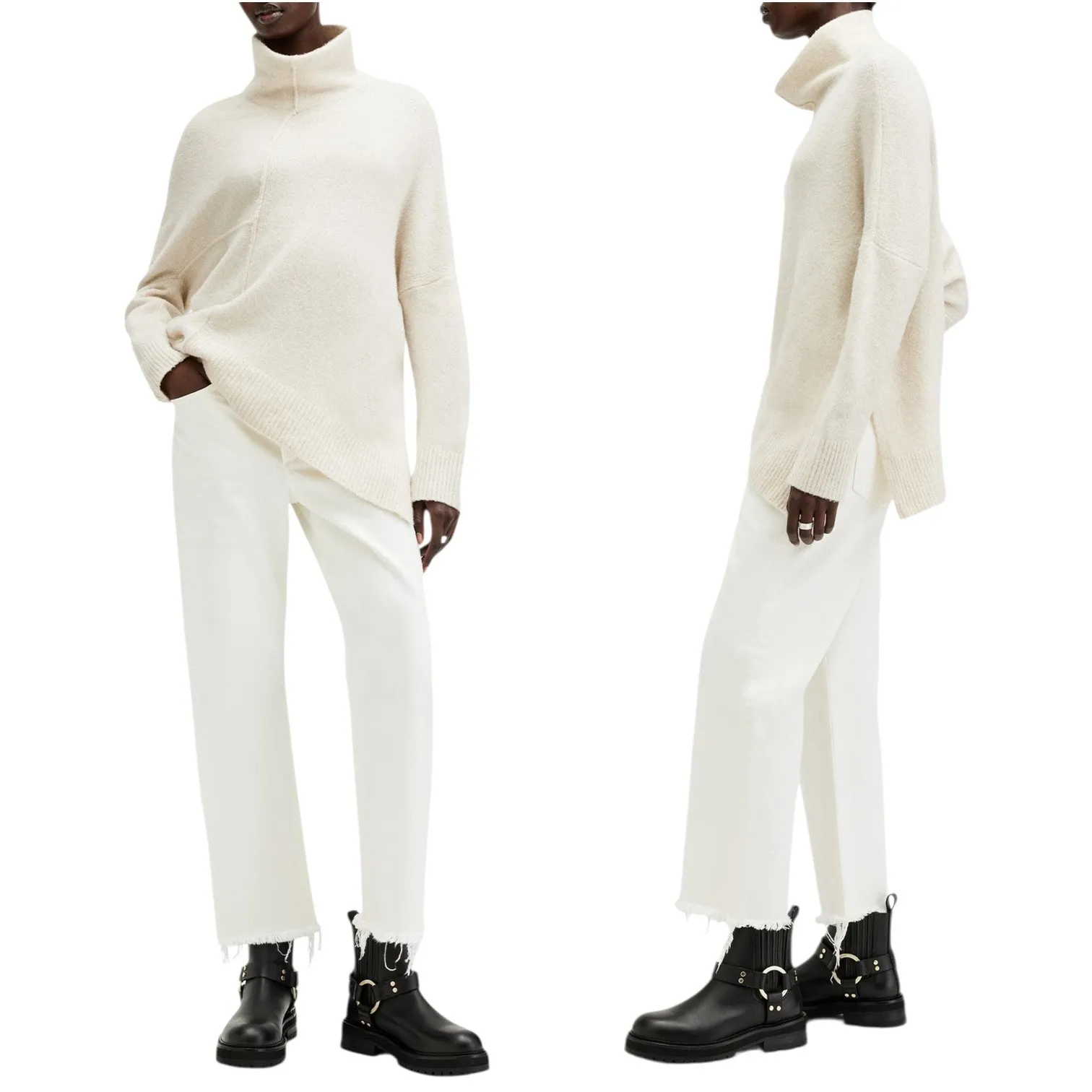 ALLSAINTS Ivory White Cream Lock Roll Neck Asymmetric Wool Turtleneck Sweater - Image 6