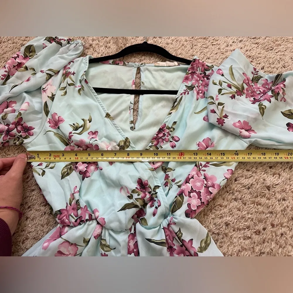 Peach Love Romper Pale Blue Floral Print Side Wrap, Size Small, Womens - Image 9