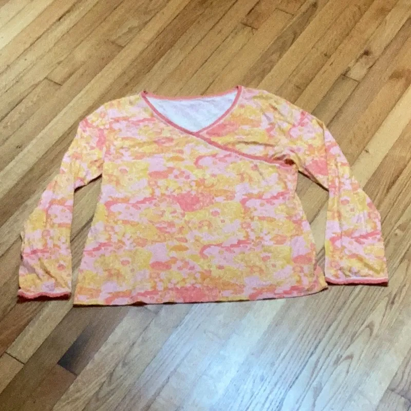 Garnet Hill Asian Wrap Organic Cotton Floral Print Pajama Top size large - Image 2