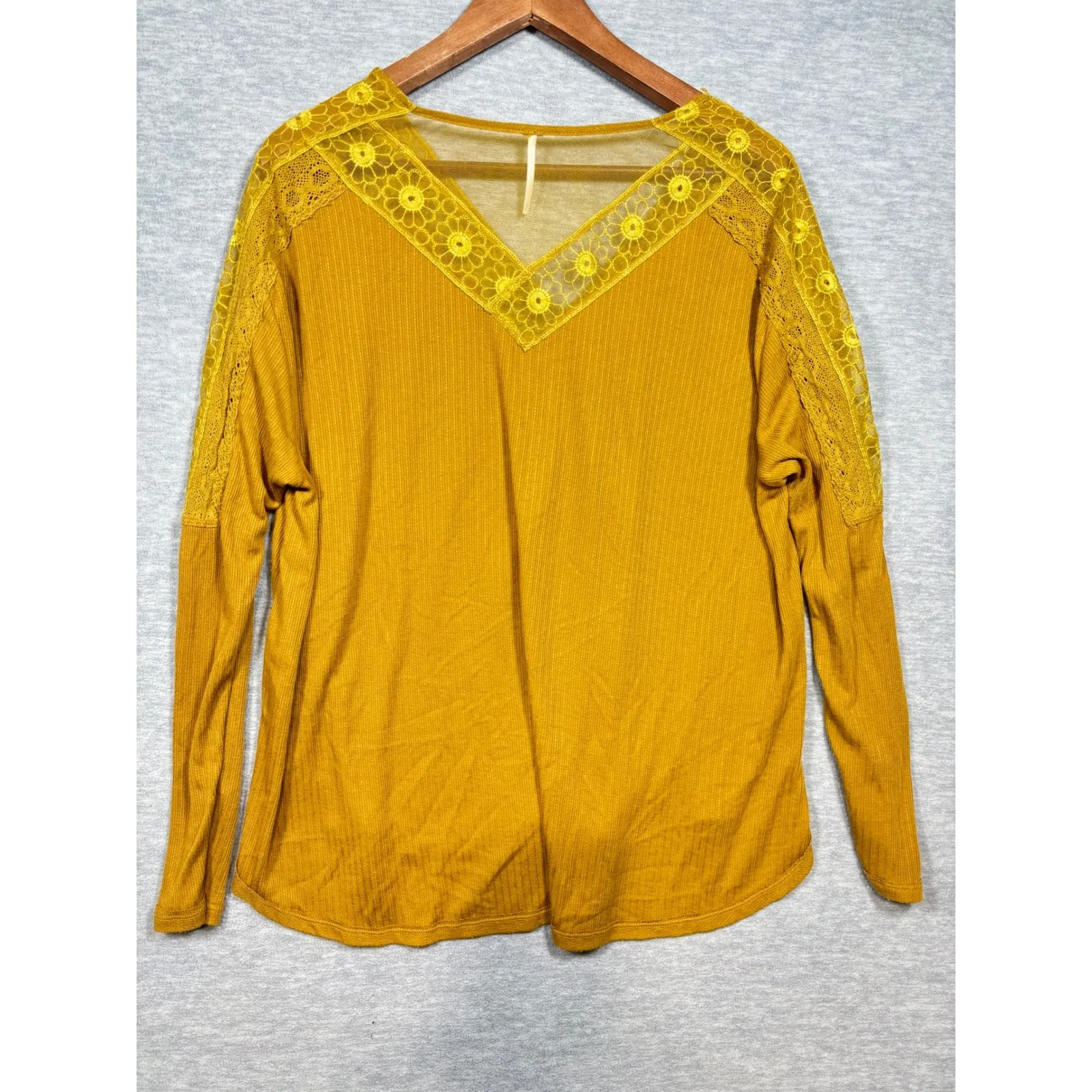 Free People Lola Top M Mustard Lace Trimmed V Neck Long Sleeve Thermal Shirt Top - Image 6