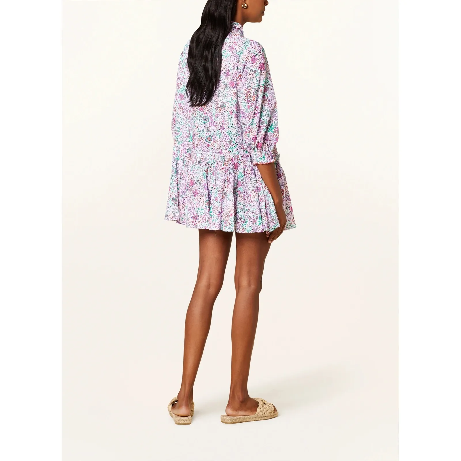 Poupette St Barth Floral Button Front Tiered Mini Dress Tunic Colorful Beachy Purple Size M - Image 7