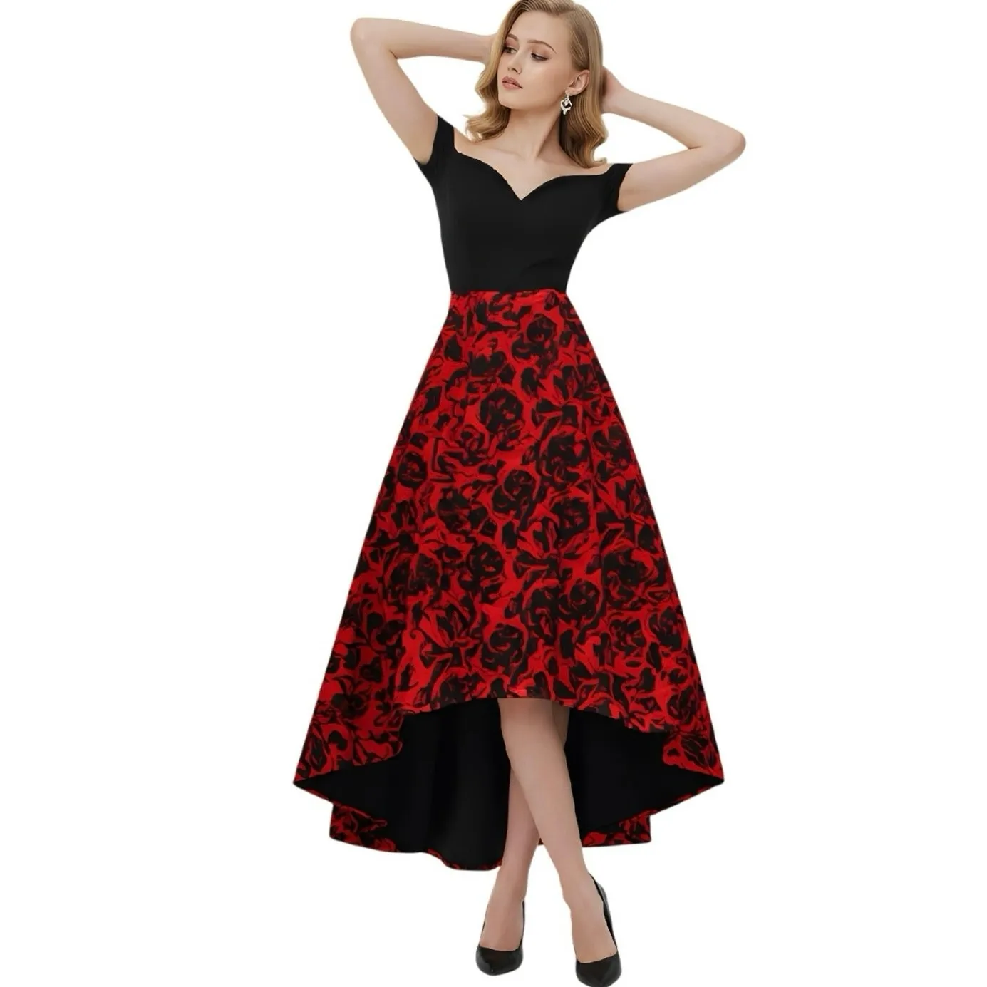 Sherri Hill Laura Marano Red Black Rose Floral High Low Formal Prom Dress 0 EUC - Image 13