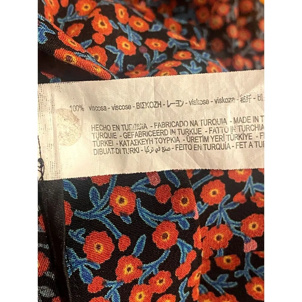 ZARA High Waisted Floral Flowy 2 Slits Preppy Midi Skirt Side Zip Up S Red #3379 - Image 9