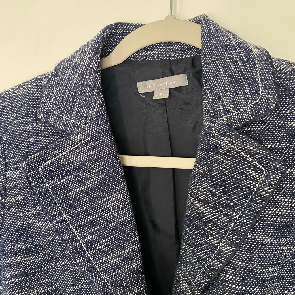 Ann Taylor Tweed Heathered Blazer in Navy Blue and White Cotton Blend Sz 4 - Image 3