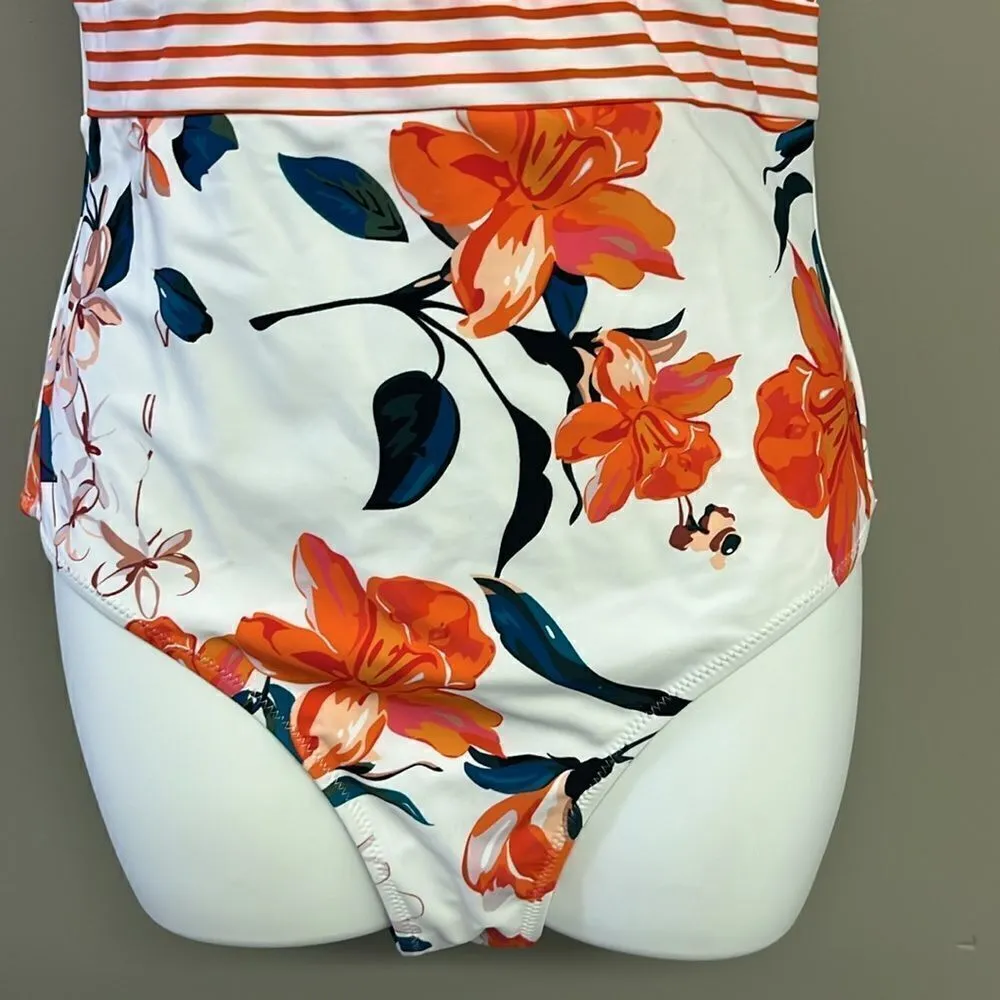 Cupshe One Piece Women’s Floral and Striped Pull-On High Neck Swim Suit-Medium - Image 3