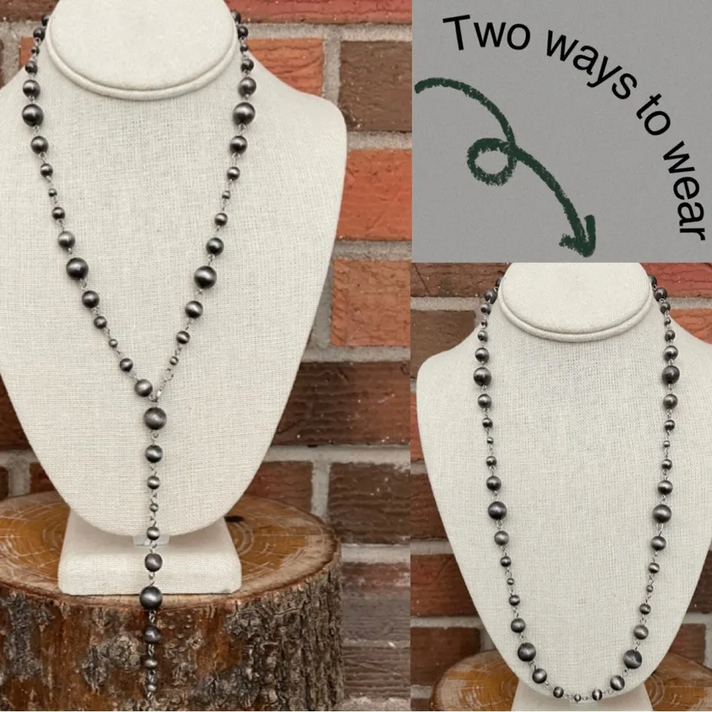 Navajo Style Pearl Spaced Bead Lariat Convertible Necklace Silver - Image 4