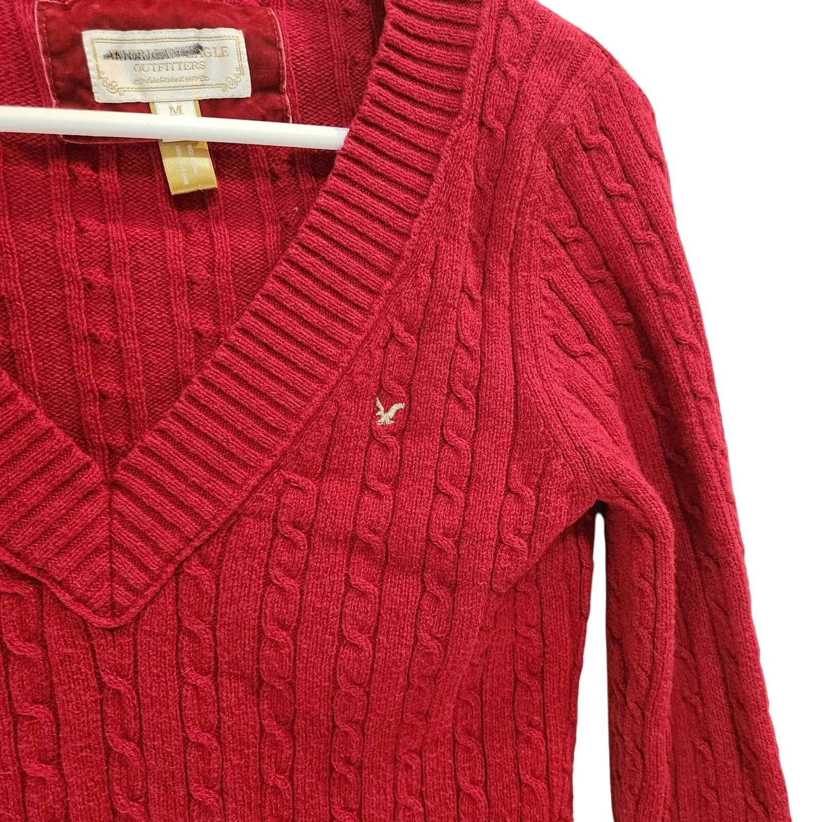 American Eagle Outfitters Classic Cable Knit Pullover V-Neck Sweater Red Medium - Image 5