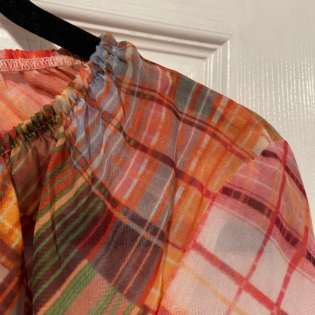 NWOT Serengeti Size L Colorful Sheer Mixed Plaid Long Sleeve Flowy Peasant Top Blue Size L - Image 5