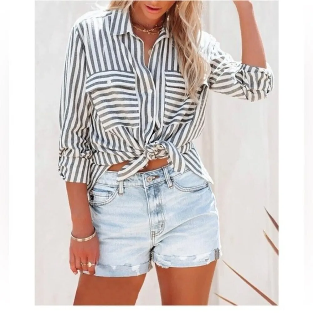 Women's Black Striped Button Down Shirts Casual Long Sleeve Stylish Tops. - Image 2
