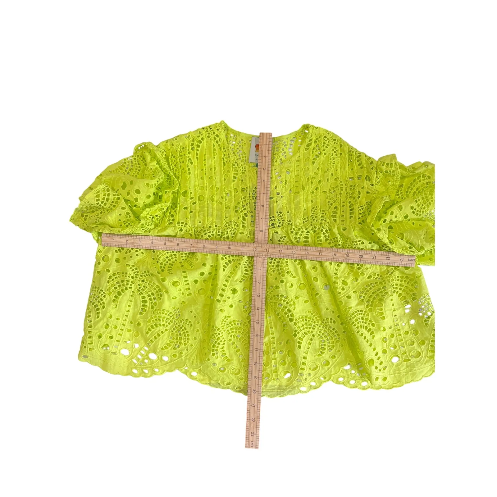 Farm Rio Lime Green Richilier Blouse Women's Size S Palm Tree Eyelet Ruffle $185 - Image 11