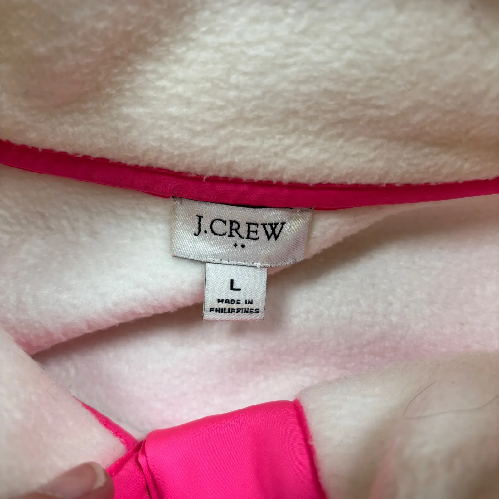 J. Crew White Fleece Snap Collar Jacket Neon Pink Trim Size L - Image 8