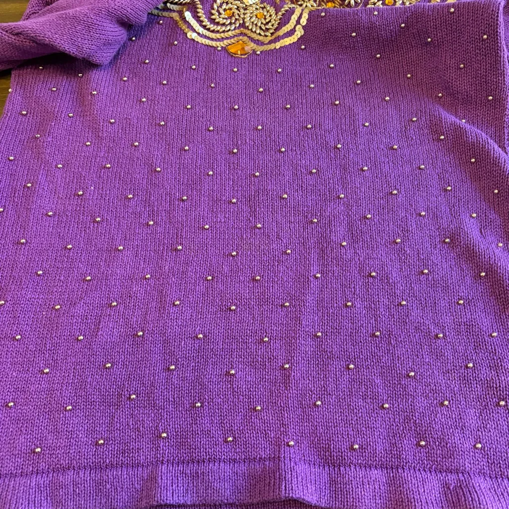 Victoria Harbour Purple Beaded Sweater Sequin Gem Boxy S Long Line Vintage Gold - Image 9