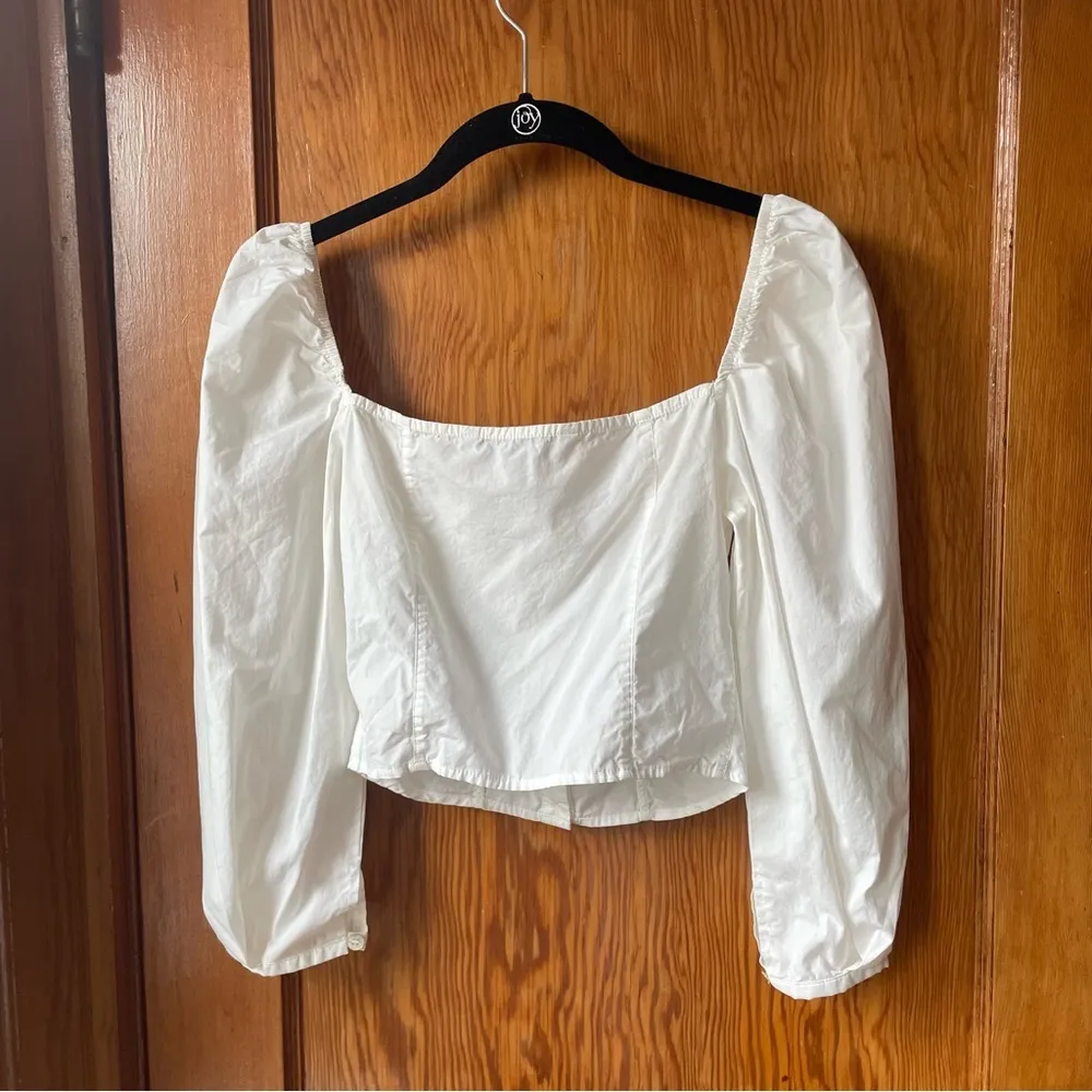 White Puff Sleeve Button Up Crop Blouse Size M - Image 2