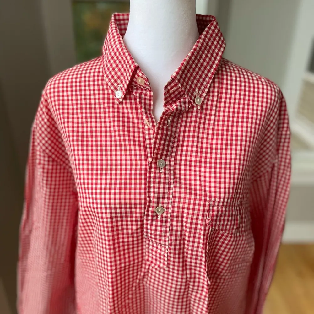 Vintage Obermeyer Red White Gingham Plaid Nylon 1/4 Button Down Fisherman Shirt Size L - Image 3