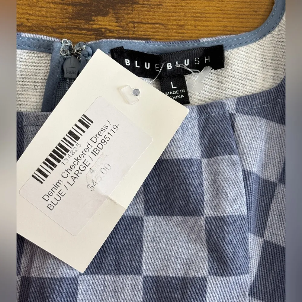 NWT Blue Blush Denim Checkered Mini Dress Size Large Square Neckline Sleeveless - Image 3