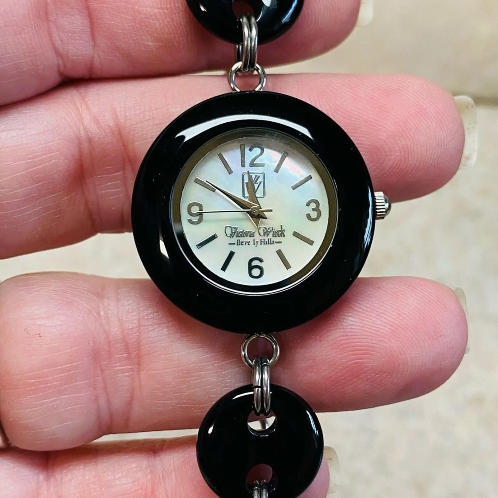 Victoria Wieck Beverly Hills Round Onyx Gemstone Link Watch Mother of Pearl Face Black - Image 5