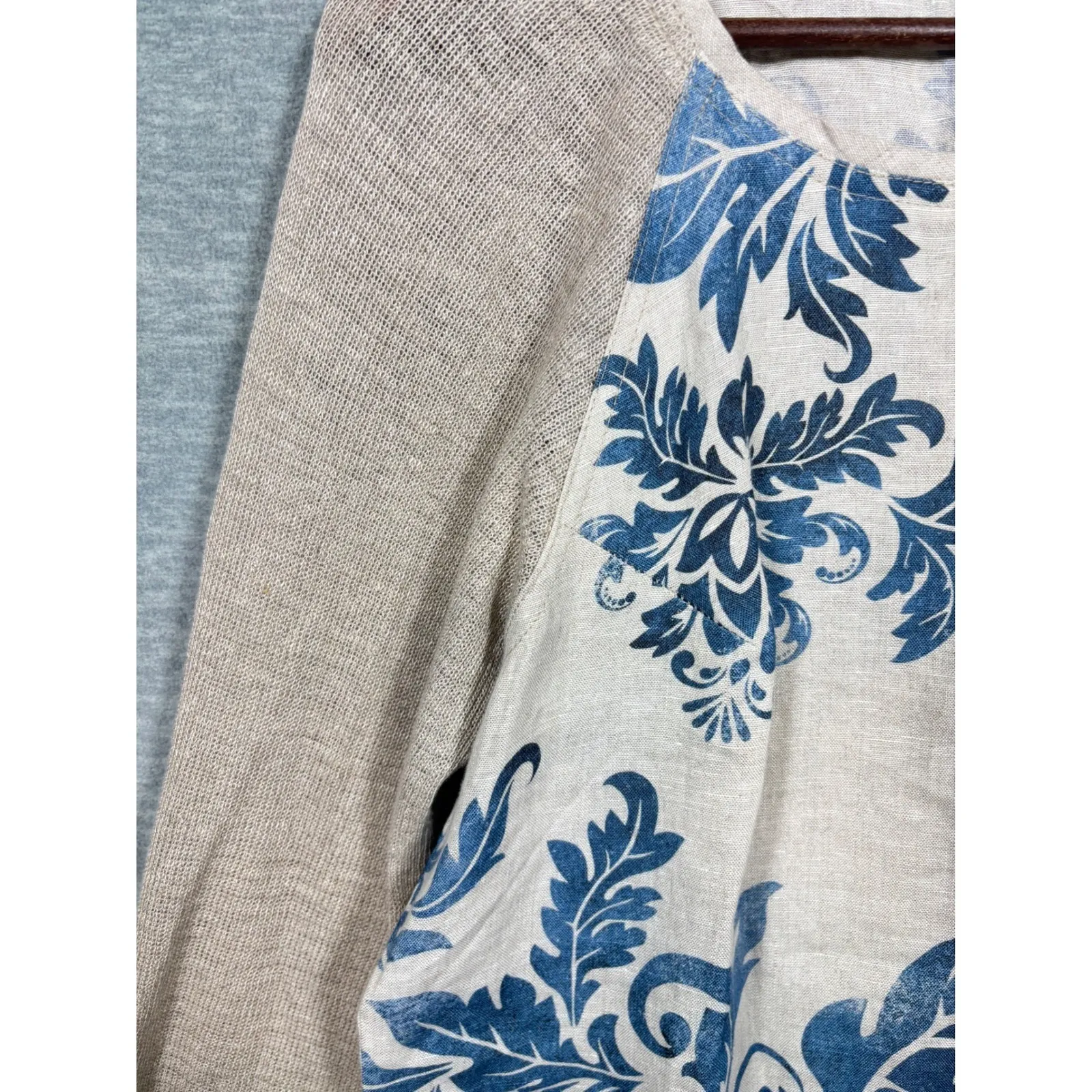 iLinen Dress S 100% Linen Floral Print Long Sleeve Tunic Blue Floral Natural Tan - Image 3