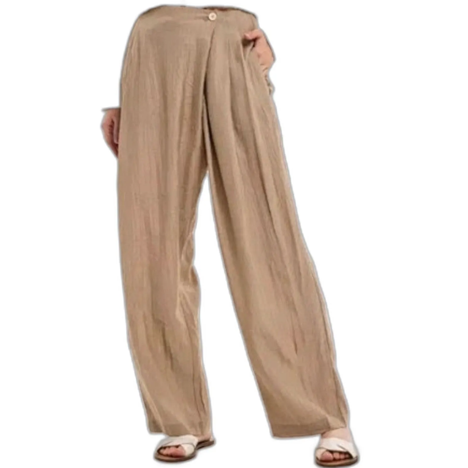 Nap Loungewear Asymmetrical Button Front High Waist Crinkle Pants in Grey size M Tan Size M - Image 13