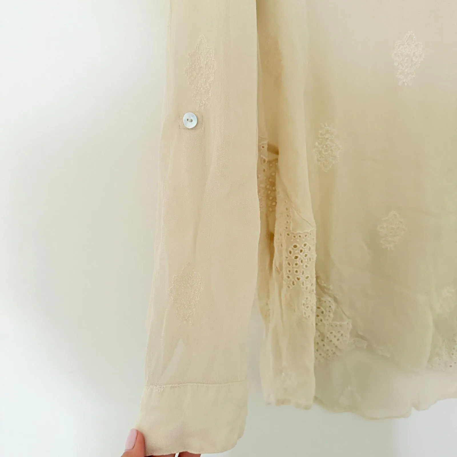 Chicos Selah Lace V-Neck Sheer Vanilla Top Roll-Up Sleeve Romantic Tunic Sz 1 - Image 10