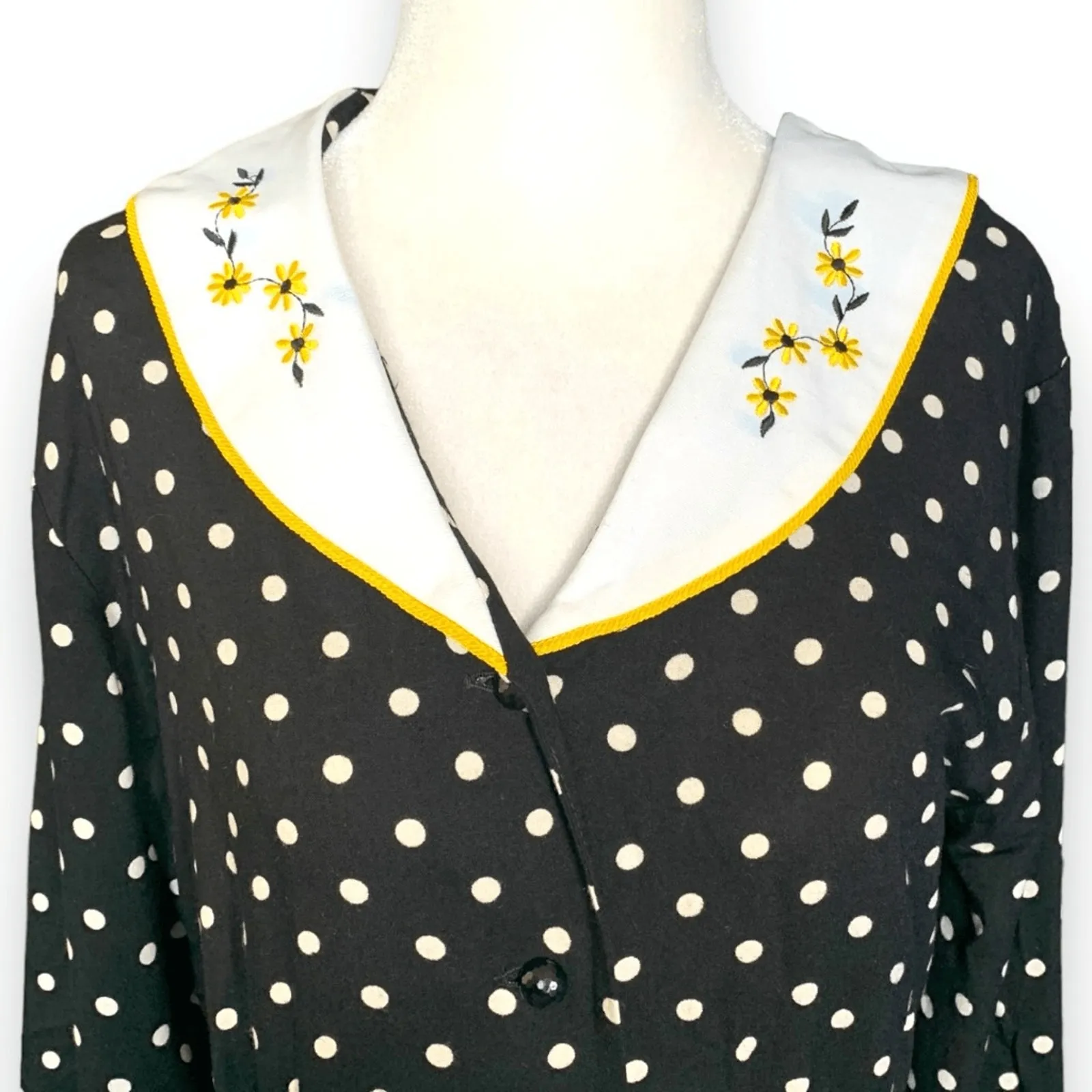 Vintage 90s Karlie & Company Polka Dot Midi Dress Embroidered Floral Collar Black Size 8 - Image 3