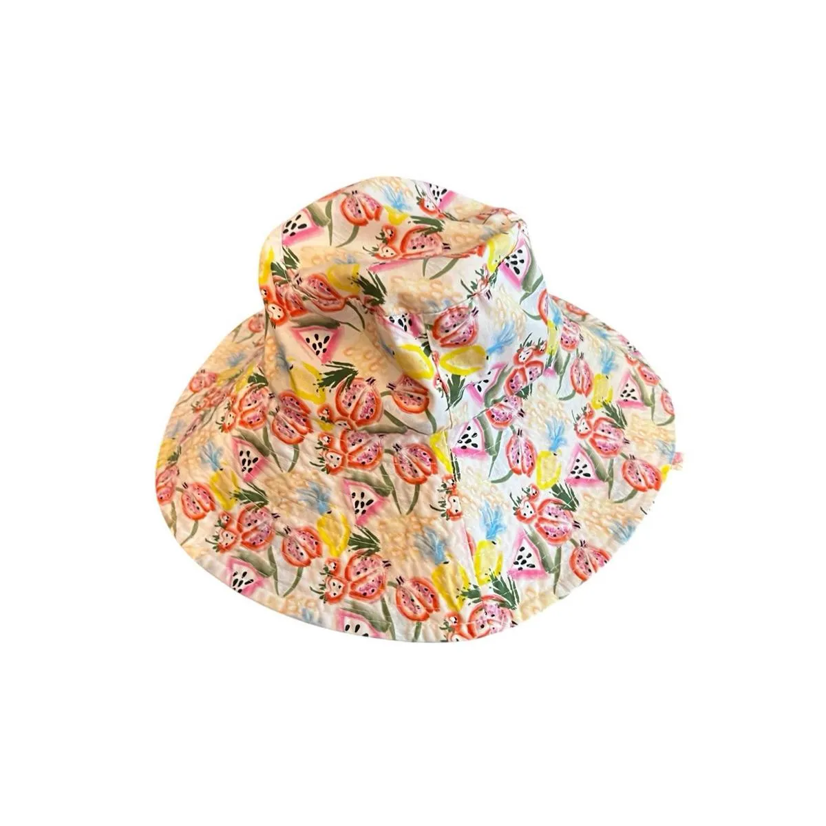 Steve Madden Floppy Sun Hat with Ties O/S Packable Lined White Fruit Cotton - Image 3