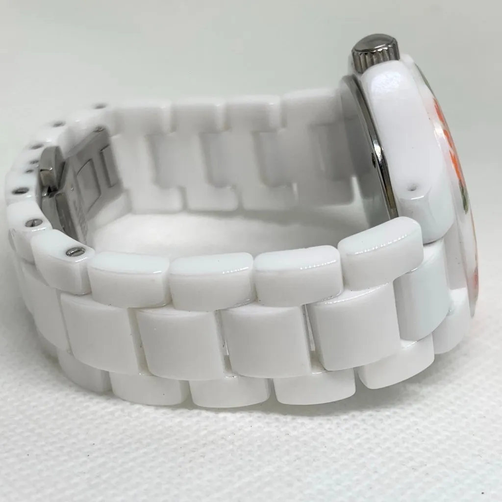 Isaac Mizrahi Live! White Ceramic Watch mop  Dial Floral bezel 35mm running - Image 6