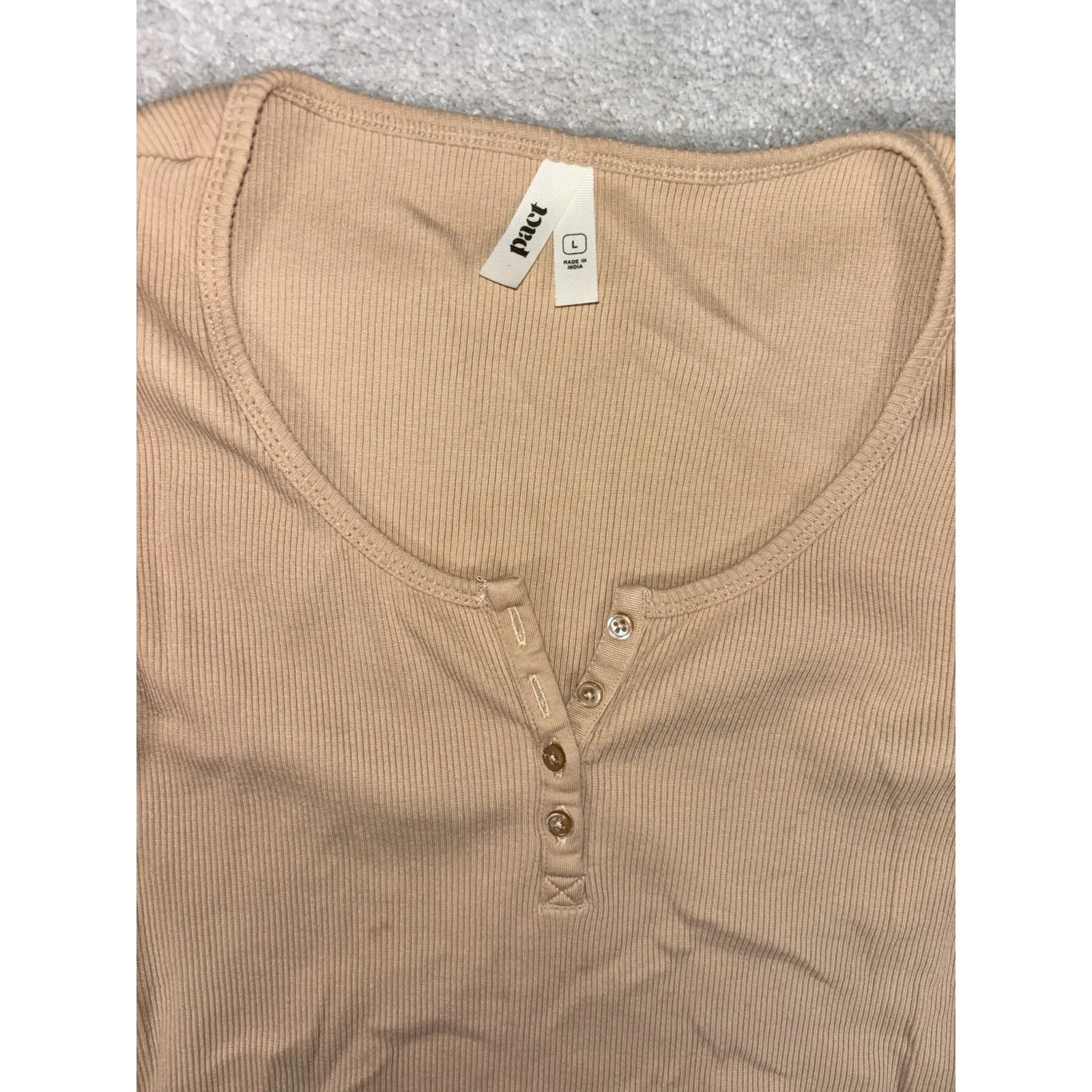 Pact Organic Cotton Blend Ribbed Henley Top Shirt Size L Tan Scoop Neck Casual - Image 4
