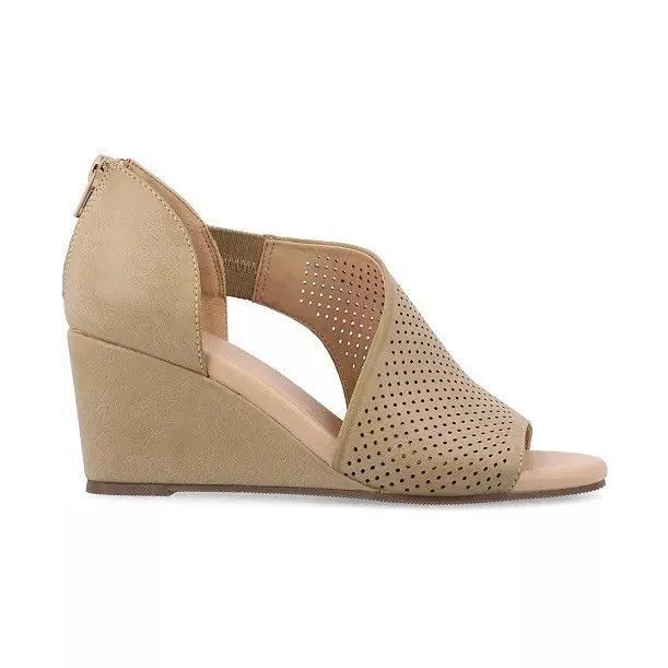NEW Journee Collection Aretha Taupe Distressed Womens 9.5 Peep Toe Wedge Sandals - Image 2