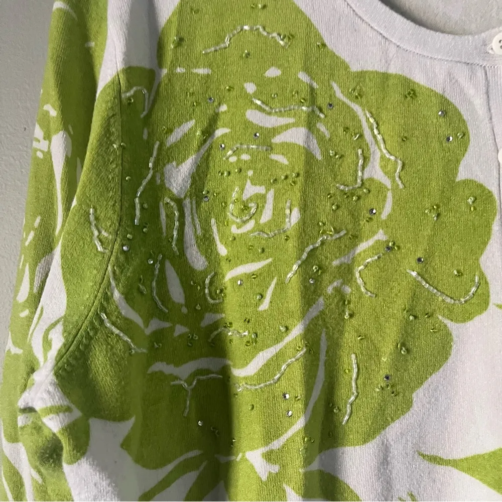 Lifestyle button up cardigan white with green floral print, beaded front size xl - Image 2